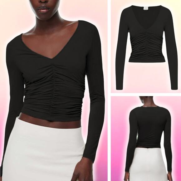 WILFRED Aritzia Bistro Soft-Shine Jersey V-Neck Ruched Long Sleeve Sz Large - Picture 1 of 6